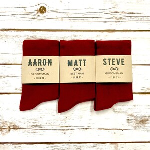 Personalized Burgundy Groomsmen Socks with Custom Sock Labels, Solid Burgundy Wedding Socks, Scarlet Colored Men's Dress Socks Sized 8-13