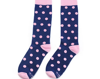 Navy with Pink Polka Dots Mens Dress Socks, Pink Groomsmen Socks for Wedding, Groomsmen Gift Idea for Him Sized 8-13