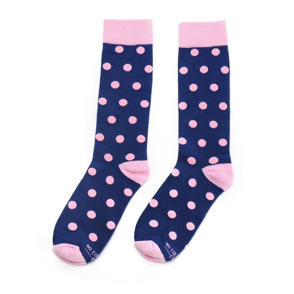 Navy with Pink Polka Dots Mens Dress Socks, Pink Groomsmen Socks for Wedding, Groomsmen Gift Idea for Him Sized 8-13
