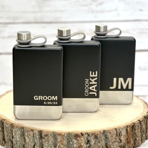 Personalized Stainless Steel Flask for Men, Engraved Groomsmen Flask, 9 oz Custom Black Hip Flask for Wedding Day, Monogramed Groomsmen Gift