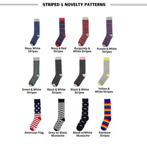 Our collection of striped and novelty mens dress sock patterns. We offer 8 pairs of striped patterned socks and 4 pairs of novelty socks. American Flag Socks, Grey with Black Mustache Socks, Black with White Mustache Socks and Rainbow Striped socks.