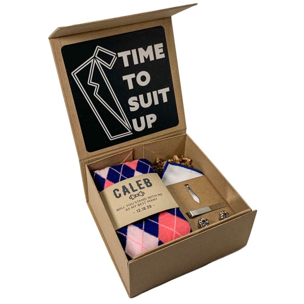 Custom Time To Suit Up Groomsmen Proposal Box with Groomsmen Socks, Silk Tie, Cufflinks Tie Clip - Personalized Groomsmen Gift
