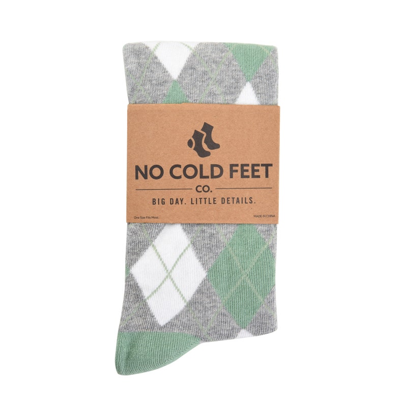 No Cold feet Sage green wedding socks. Argyle wedding socks for big day. Green groomsman socks.
