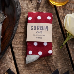 Personalized Groomsmen Burgundy Polka Dot Socks with Custom Labels, Burgundy Groomsmen Gift, Maroon Wedding Socks for Groomsman and Groom