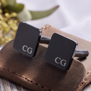 Engraved Square Cufflinks in Gold Silver and Black Finish, Personalized Cufflinks for Men with Initials, Monogrammed Men&#39;s Gift
