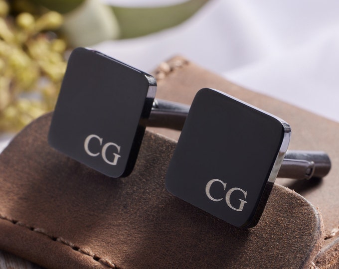 Engraved Square Cufflinks in Gold Silver and Black Finish, Personalized Cufflinks for Men with Initials, Monogrammed Men's Gift