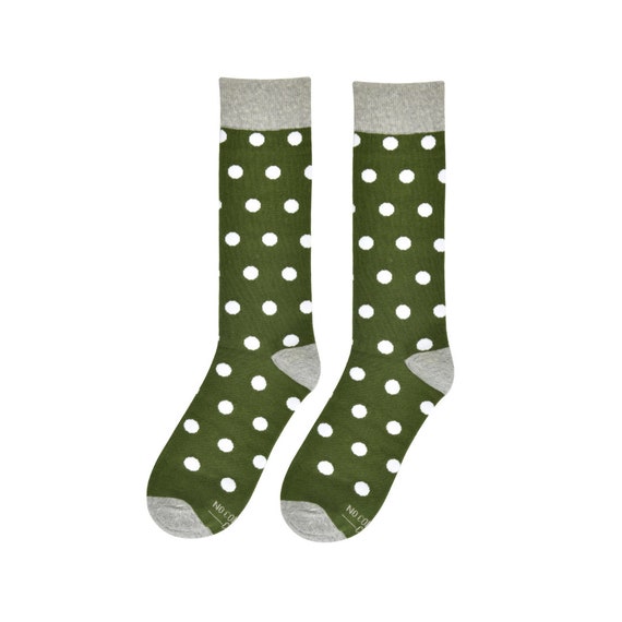 Olive Green Men's Dress Socks, Olive Socks with White Polka Dots Groomsmen Socks for Wedding, Olive Green Men's Socks with Custom Label Olive Green Men's Dress Socks, Olive Socks with White Polka Dots Groomsmen Socks for Wedding, Olive Green Men's Socks with Custom Label