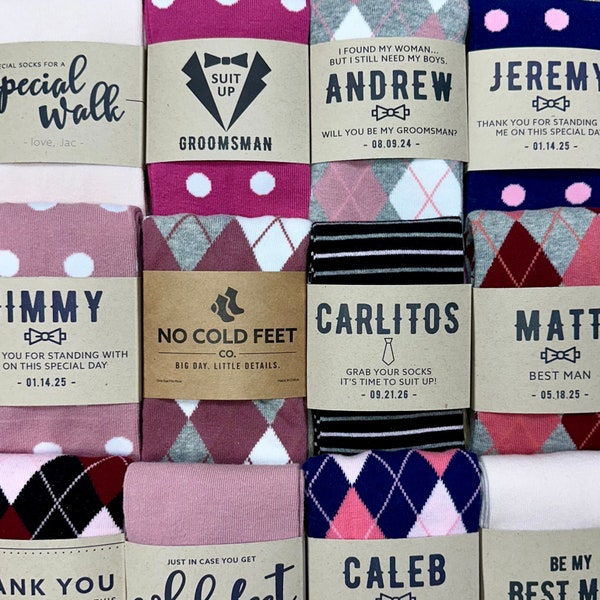 Pink Groomsmen Socks For Wedding Gift, Groomsmen Gift Idea, Men's Dress Socks with Personalized Sock Labels, Custom Wedding Socks