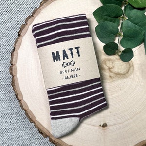 Personalized Plum Groomsmen Socks with Custom Sock Labels, Plum Purple Striped Wedding Socks, Men&#39;s Dress Socks Gift Sized 8-13