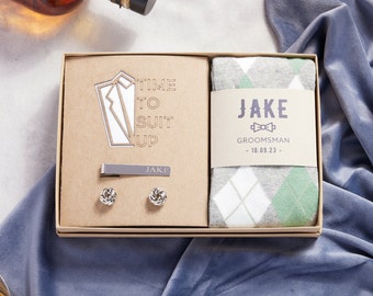 Groomsmen Gift Box Time To Suit Up Groomsmen Box, Groomsmen Socks, Cufflinks and Engraved Tie Clip, Personalized Groomsmen Proposal Gift Set