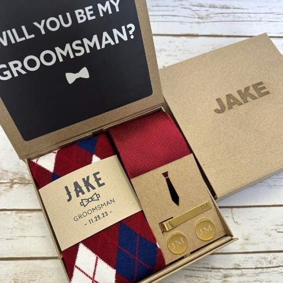 Personalized Groomsmen Gift Box, Time to Suit up Groomsmen Proposal Box,  Will You Be My Groomsmen Socks Tie Cufflink Tie Clip Groomsmen Gift 