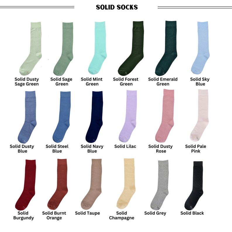 No Cold Feet Collection of solid mens dress sock patterns. Choose from Dusty Sage Green, Sage Green, Mint, Emerald Green Socks, Sky Blue Socks, Dusty Blue, Steel Blue, Navy, Lilac, Dusty Rose, Pale Pink, Burgundy, Burnt Orange Socks, Grey and Black.