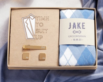 Time To Suit Up Groomsmen Box with Groomsmen Socks, Engraved Cufflinks and Custom Tie Clip, Personalized Groomsmen Proposal Gift Box