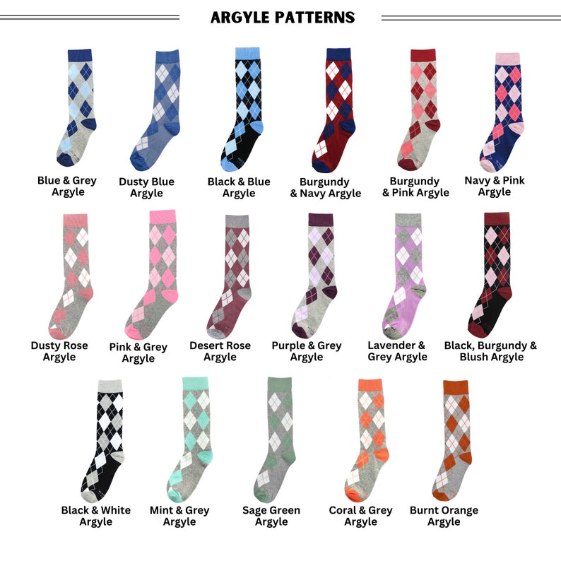 No Cold Feet's Collection of Argyle Socks. Choose from 17 Argyle Patterns. From Dusty Blue Argyle Socks and Sage Green Argyle Socks to Desert Rose Argyle Socks and Lavender Argyle Socks, we have patterns to match any color palette occasion.