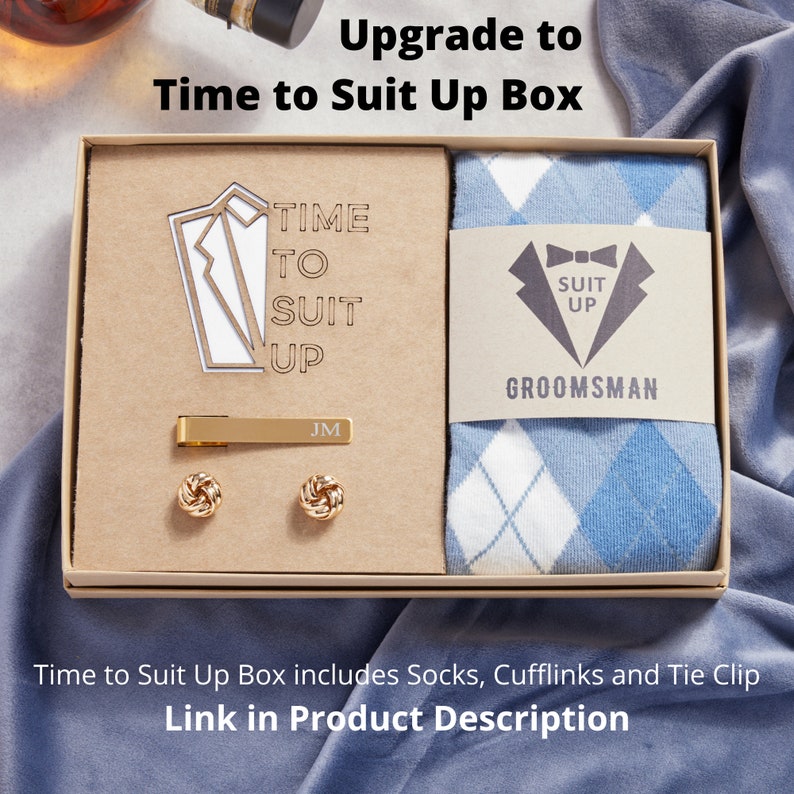 Upgrade to a time to suit up box. Includes socks, cufflinks, and tie clip. Link in product description for more details.