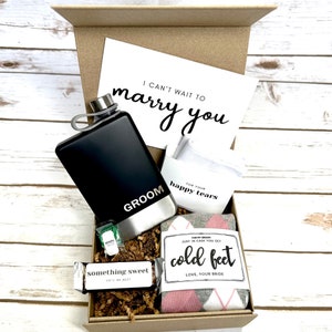 Additional products are white pocket square with for your happy tears label and alcohol to calm your nerves label. Optional Personalized Engraved Flask can also be included in the groom gift box.