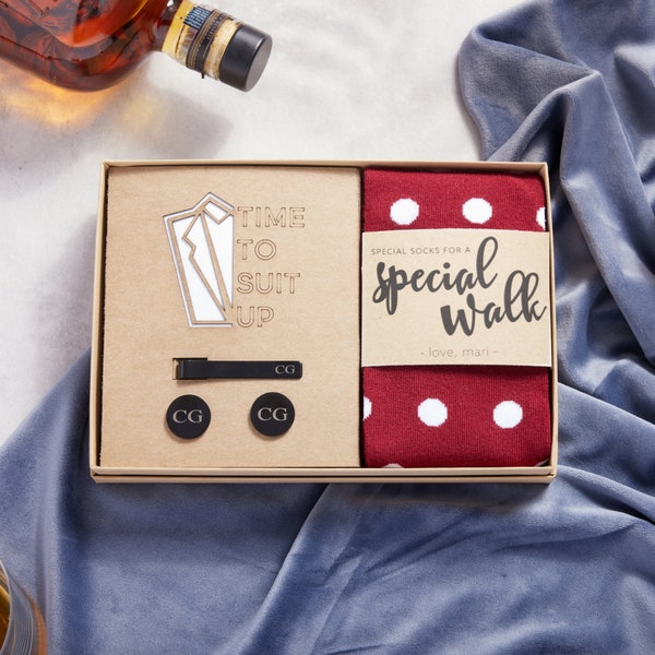 Calcetines especiales para un paseo especial, regalo para papá de la novia, calcetines de boda con gemelos y pasador de corbata grabados, calcetines especiales para el día de la boda.