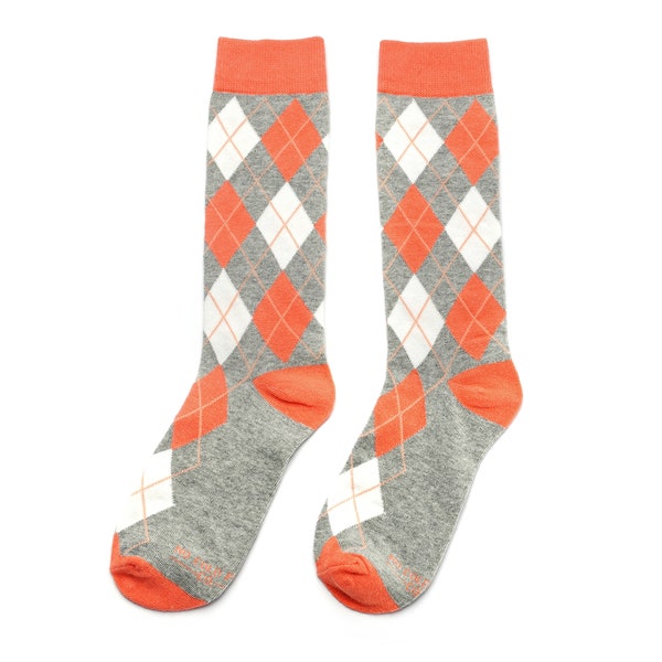 Coral Argyle Men's Dress Socks, Coral and Grey Argyle Groomsmen Socks, Apricot Wedding Socks for Groomsmen