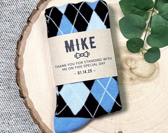 Personalized Blue and Black Argyle Groomsmen Socks with Custom Sock Labels, Black and Blue Argyle Wedding Socks, Mens Dress Socks Sized 8-13