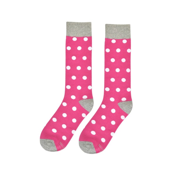 Fuchsia Men's Dress Socks, Fuchsia Socks with White Polka Dots Groomsmen Socks for Wedding, Hot Pink Men's Dress Socks Sized 8 - 13