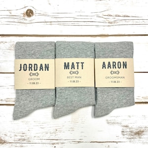 Personalized Grey Groomsmen Socks with Custom Sock Labels, Light Grey Wedding Socks, Men's Dress Socks Sized 8-13