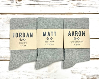 Personalized Grey Groomsmen Socks with Custom Sock Labels, Light Grey Wedding Socks, Gray Men's Dress Socks Sized 8-13