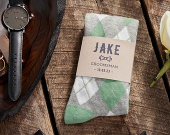 Sage Green Personalized Groomsmen Socks with Custom Labels, Sage Green Argyle Groomsmen Gift, Agave Wedding Socks for Groomsman and Groom