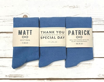 Personalized Steel Blue Groomsmen Socks with Custom Labels, Solid Steel Blue Socks for Wedding, Men's Dress Socks for Groomsman Sized 8-13