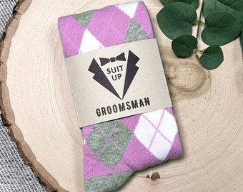 Personalized Lavender Groomsmen Socks with Custom Sock Labels, Lavender Argyle Wedding Socks, Men's Dress Socks Sized 8-13