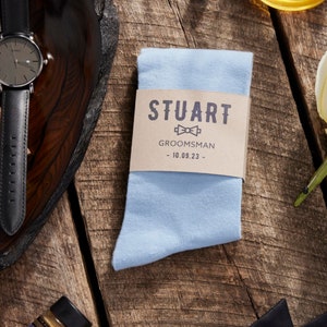 Personalized Sky Blue Groomsmen Socks with Custom Sock Labels, Solid Sky Blue Wedding Socks, Men&#39;s Dress Socks Sized 8-13