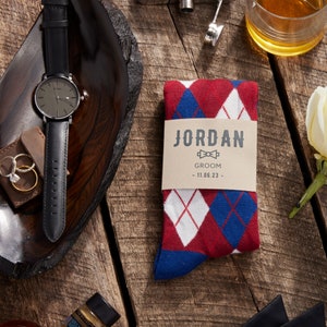 Personalized Burgundy and Navy Argyle Groomsmen Socks with Custom Sock Labels, Burgundy and Navy Wedding Socks, Men&#39;s Dress Socks Sized 8-13