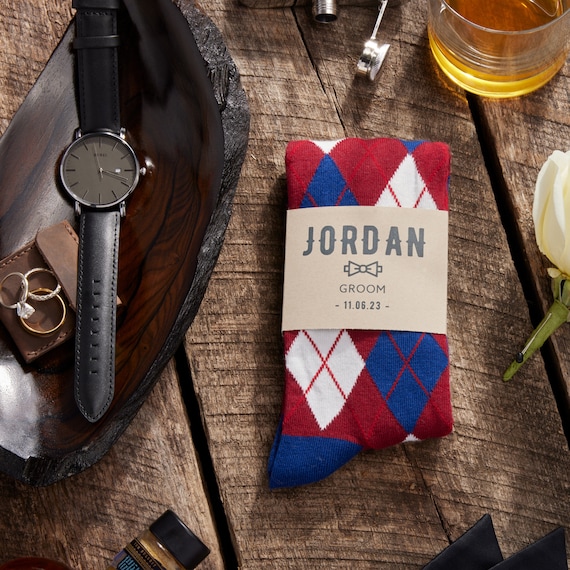 Personalized Burgundy and Navy Argyle Groomsmen Socks with Custom Sock Labels, Burgundy and Navy Wedding Socks, Men's Dress Socks Sized 8-13