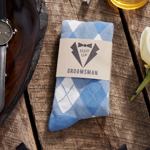 Personalized Dusty Blue Groomsmen Socks, Dusty Blue Argyle Wedding Socks Gift for Groomsmen, Dusty Blue Men&#39;s Dress Socks Gift Sized 8-13