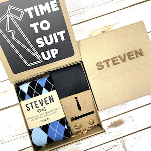 Personalized Groomsmen Gift Box Time To Suit Up Groomsmen Thank You Box, Groomsmen Socks Cufflink Pocket Square and Tie Clip, Groomsman Gift
