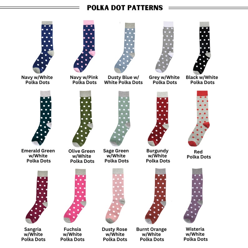 Our collection of mens polka dot dress socks. Choose from 15 polka dot patterns. From classic navy with white polka dot socks and black with white polka dot socks to wisteria with white polka dot socks, we have colors to matching any palette.