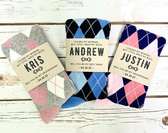 Found My Woman Need My Boys Custom Sock Label with Groomsmen Socks, Groomsmen Proposal Gift with Dress Socks, Groomsmen Gift Idea