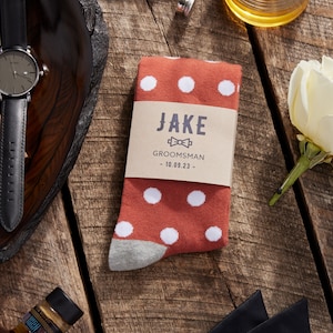 Burnt Orange Socks with Personalized Groomsmen Custom Labels, Rust Orange Polka Dots Groomsmen Gift, Terracotta Wedding Socks for Groomsman