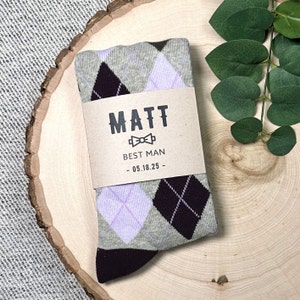 Personalized Purple Argyle Groomsmen Socks with Custom Sock Labels, Plum Purple and Lilac Argyle Wedding Socks, Men&#39;s Dress Socks Sized 8-13