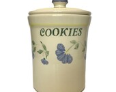 Crock Shop Hand Painted Cookie Jar Santa Ana CA Blue Yellow Floral Design