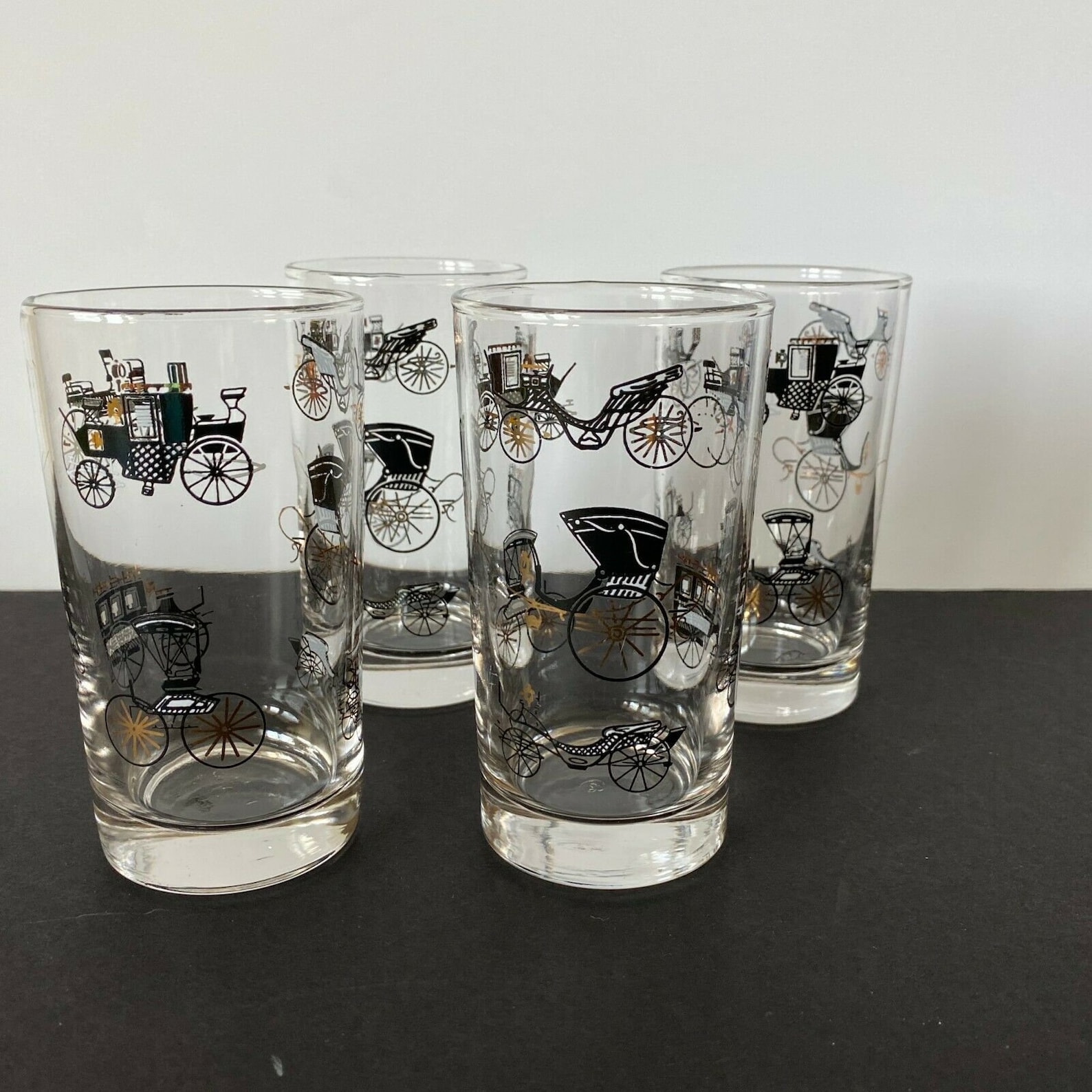 Vintage Libbey Black Gold Antique Buggy Cars Drinking Glasses Libby 8