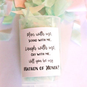 May include: A clear plastic confetti popper filled with pastel green and pink paper confetti. A white label on the front features black text that reads: Plan with me, stand with me, laugh with me, cry with me, will you be my MATRON OF HONOR?