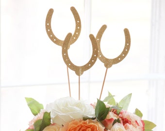 Gold Glitter Horseshoe Centerpiece Picks - Derby Party Decorations (Set of 3)
