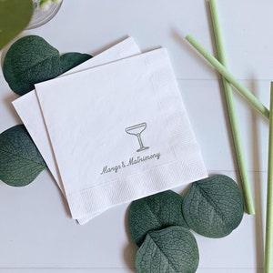 Margs and Matrimony Cocktail Napkins: Sage Green or Blue Foil Bachelorette Party Supplies