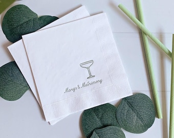 Margs and Matrimony Cocktail Napkins: Sage Green Foil Bachelorette Party Supplies, Set 16