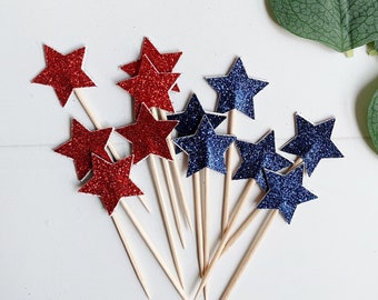 Red & Blue Stars Cupcake Toppers - Reverseable