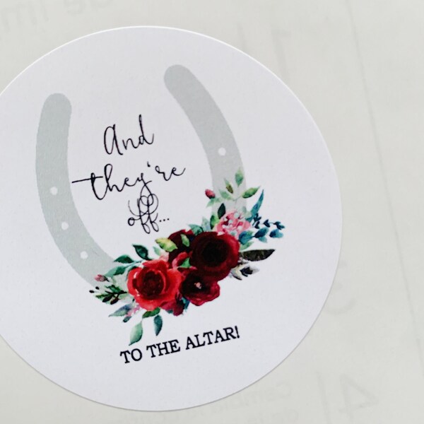 And They're Off to the Altar Derby Stickers - Red Roses