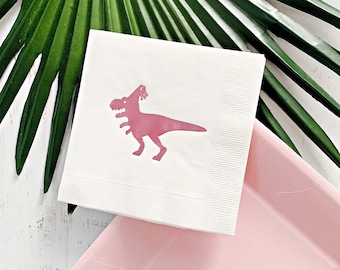 Dinosaur Birthday Napkins - Pink on White Drink Size