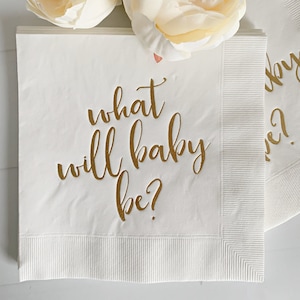 Gender Reveal Napkins: Gold 'What Will Baby Be?' - Set of 16