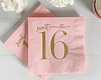 Sweet 16 Pink Cocktail Napkins: Gold Foil Birthday Party Decor (Set of 16)