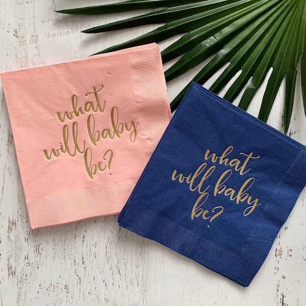 Gender Reveal Napkins: Blush Pink & Navy 'What Will Baby Be?' - Set of 16